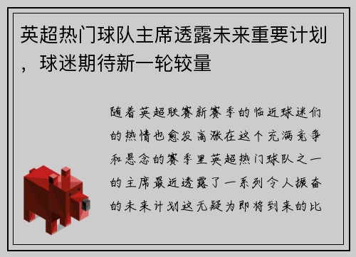 英超热门球队主席透露未来重要计划，球迷期待新一轮较量